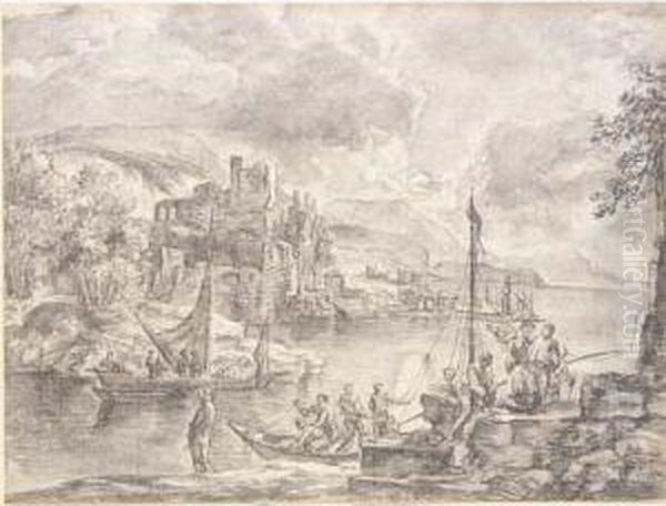 Moonlit River Landscape, With Two Boats And A Castle Behind - view 1