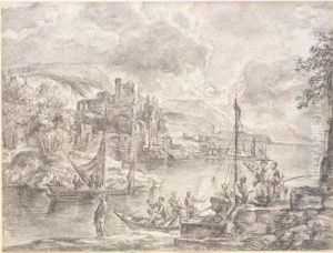 Moonlit River Landscape, With Two Boats And A Castle Behind by Adriaen Van Der Kabel