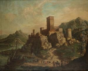 A Rhenish River Landscape With 
Moored Boats, With Figures On A Bank, A Hilltop Village Beyond