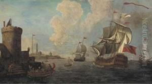 A Mediterranean Coastal Inlet With Dutch And British Men-o'war Andother Shipping by Adriaen Van Der Kabel