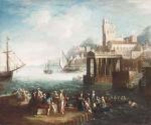 A Capriccio Of A Mediterranean Port With Figures On A Quay Andshipping Beyond