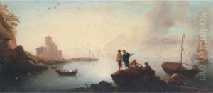 A Mediterranean Harbour Scene
With Fishermen; And A Man O'warfiring A Salute In The Distance A Mediterranean Harbour Scene
With Fishermen; And A Man O'warfiring A Salute In The Distance