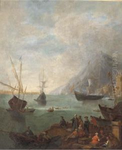 A Mediterranean Coastal Landscape With Fishermen And Other Figures In The Foreground by Adriaen Van Der Kabel