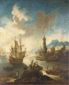 A Mediterranean Port With 
Fishermen In The Foreground, A Man-o'-war Offshore And A Lighthouse 
Beyond