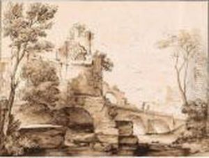 Italianate Landscape With Ruins, And Figures On A Bridge by Adriaen Van Der Kabel