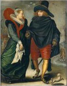 A Lady And A Gentleman Skating In A Winter Landscape