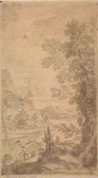Landscape With A Fisherman Pulling In A Net From A Riverbank - view 1