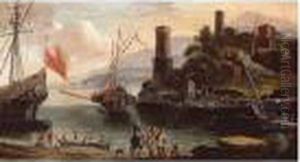 A View Of An Italianate Harbour by Adriaen Van Der Kabel