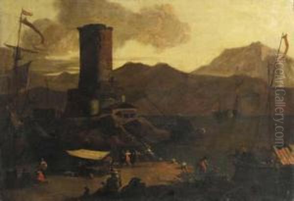A Mediterranean Coastal
Landscape With Fishermen And Merchants On Aquay By A Ruined Tower - view 1