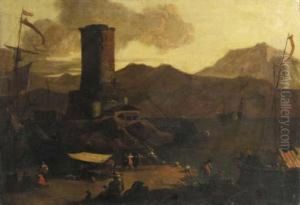 A Mediterranean Coastal 
Landscape With Fishermen And Merchants On Aquay By A Ruined Tower