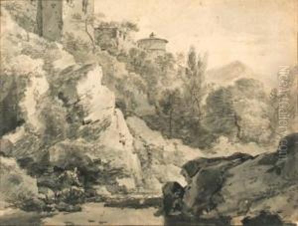 Italianate Buildings On A Rocky
Rise By A River, Hills Beyond(recto); A Herdsman With Cattle In A Hilly
Landscape (verso) - view 1