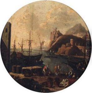 A Mediterranean Port With Figures On A Quay, A Clifftop Fortbeyond A Mediterranean Port With Figures On A Quay, A Clifftop Fortbeyond