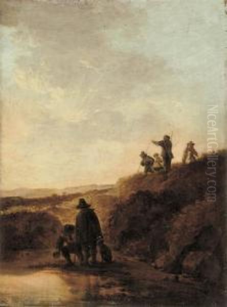 A Dune Landscape With Figures Near A Pool And Others Watching In The Distance - view 1