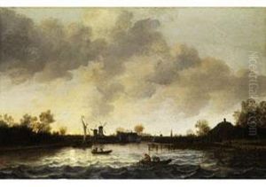Seelandschaft Mit Fischern Im Kahn Auf Wellenbewegter Oberflache by Anthony Jansz. Van Der Croos