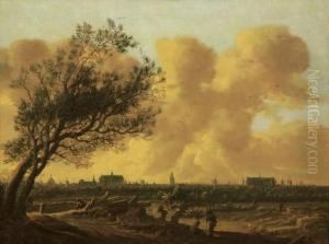 A Panaromic View Of Leiden With Figures Under A Tree In The Foreground by Anthony Jansz. Van Der Croos