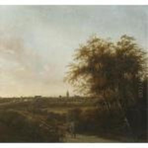 An Extensive Landscape With A Man And His Dog On A Sandy Road, The Hague In The Distance