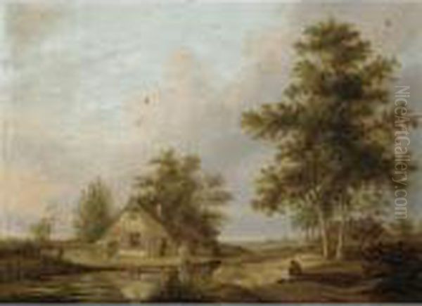 A Landscape With A Farmhouse Near A Pond, A Traveller Resting On A Path Nearby - view 1