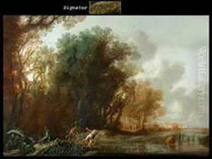 Pan Und Syrinx In Einer Waldlandschaft Mit Teich by Anthony Jansz. Van Der Croos