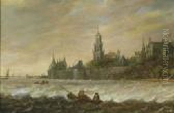 A River Landscape With Fishermen In A Boat, A View Of Rhenen Beyond - view 1