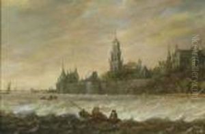 A River Landscape With Fishermen In A Boat, A View Of Rhenen Beyond by Anthony Jansz. Van Der Croos