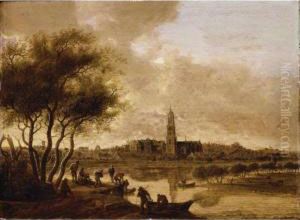 A View Of Rhenen Seen From The
South Bank Of The Nederijn, Fishermen Unloading Their Catch In The
Foreground by Anthony Jansz. Van Der Croos