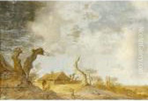 A Dune Landscape With Figures Conversing Near Tree Trunks, A Farm Beyond - view 1