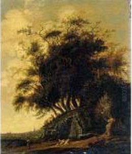 A Wooded Landscape With Figures Thatching A Barn, A View Of A Town Beyond by Anthony Jansz. Van Der Croos