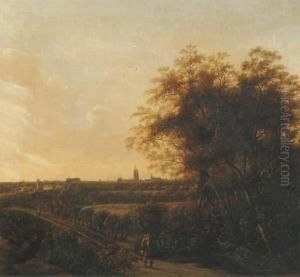 A Wooded Landscape With A
Sportsman And His Dog On A Sandy Road, A View Of The Hague In The
Distance by Anthony Jansz. Van Der Croos