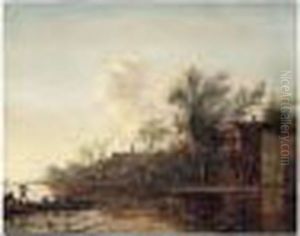 River Landscape With A Ferry Boat Near A Village