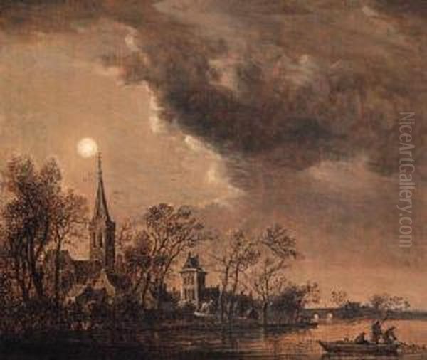A River Landscape With A Fishing Boat Near A Village Bymoonlight - view 1