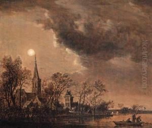A River Landscape With A Fishing Boat Near A Village Bymoonlight A River Landscape With A Fishing Boat Near A Village Bymoonlight
