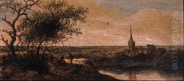 A Village By A River With Peasants On A Track In Theforeground - view 1
