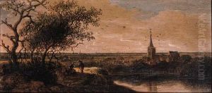 A Village By A River With Peasants On A Track In Theforeground by Anthony Jansz. Van Der Croos
