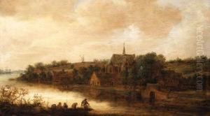 A River Landscape With Anglers In A Punt, A Church Beyond