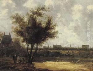 A Wooded Landscape With Figures In The Foreground And The City Of Leiden In The Distance by Anthony Jansz van der Croos