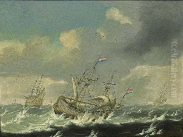A Small Cargoship And Men'-o-war In Stormy Waters - view 1