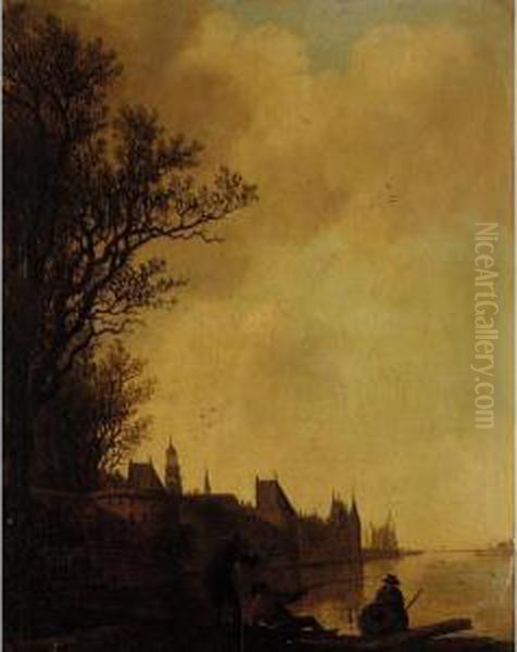 A River Landscape With Fishermen
Before The Walls Of A Town, Possibly A View Of Rhenen With The Church
Of Saint Cunera - view 1