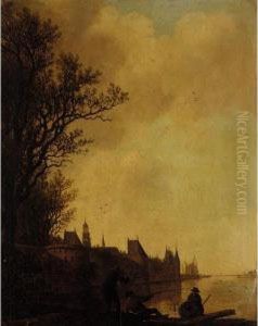 A River Landscape With Fishermen
Before The Walls Of A Town, Possibly A View Of Rhenen With The Church
Of Saint Cunera by Anthony Jansz van der Croos