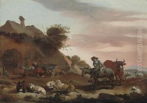 Herdsmen And Their Cattle At Rest In A Landscape by Jacob Van Der Does I