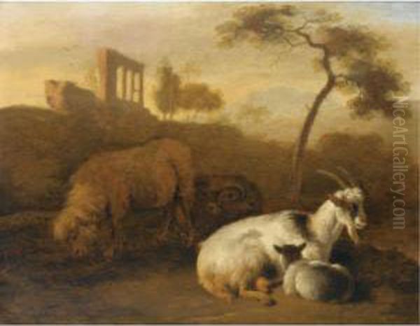Sheep And Goats In A Landscape With A Ruin Beyond - view 1