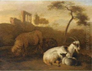 Sheep And Goats In A Landscape With A Ruin Beyond by Jacob Van Der Does I