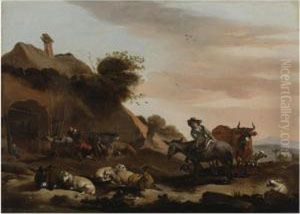 Landscape With Herders Tending To Their Livestock Outside Of A Barn by Jacob Van Der Does I