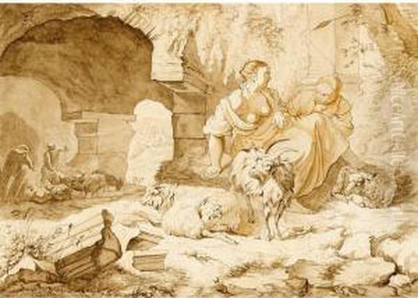 Two Shepherdesses And Their Sheep Near A Classical Ruin, Other Shepherds Beyond - view 1