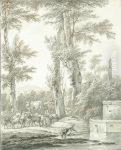 A Drover With Dogs, Goats, Sheep
And A Cow In A Sunny Wooded Landscape, A Column Surmounted By An
Italianate Statue In The Background, A Fountain And Stream In The
Foreground by Jacob Van Der Does I