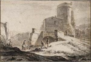 An Italianate Landscape With Travellers Near A River, And A Tower Behind by Jacob Van Der Does I