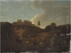 Southern Landscape With A Drover And Animals Resting Beside Classical Ruins by Jacob Van Der Does I