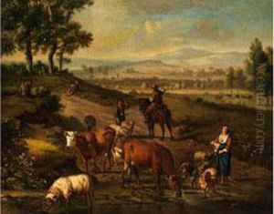 Landschaft Mit Kuhen, Schafen, Ziegen Und Hirten