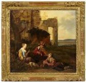 Violoniste, Flutiste Et Bergere Pres De Ruines.