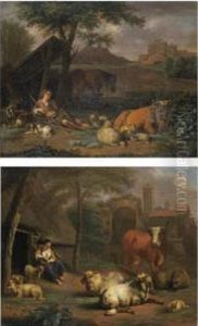 A Pair Of Pastoral Roman Landscapes With A Shepherd Boy And A Shepherd Girl by Simon van der Does