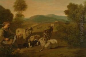 A Pastoral Landscape, With A 
Shepherdess With Her Animals, Farm Workers Beyond And Distant Hills, 
Unsigned, Attribution And Biog. Verso